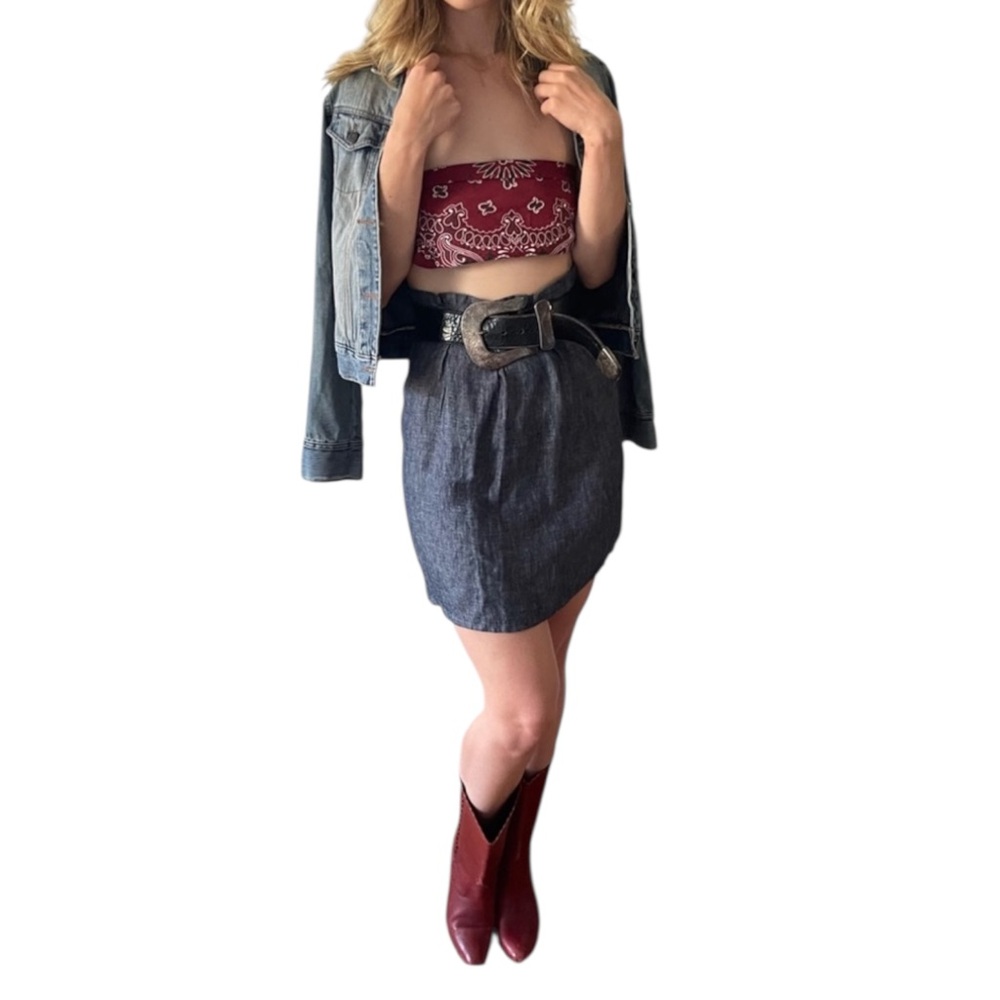 Vintage Y2K Blue Chambray Denim High Waist Mini Skirt Matching Tie Belt Small - Picture 7 of 16